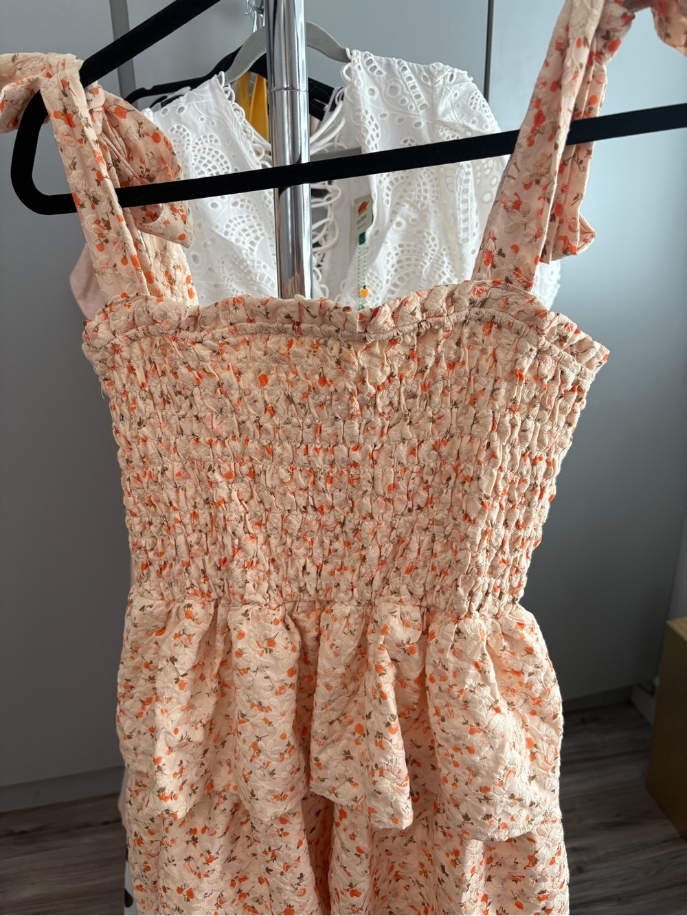 Just Me Peach Floral Tiered Maxi Dress with Tie Straps - Picture 2 of 5